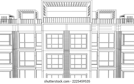 Architectural apartment building front façade perspective 3D Line illustration vector