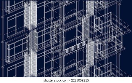 Architectural apartment building façade isometric 3D Line drawing sketch wireframe illustration vector eps10 blueprint