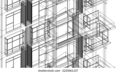 Architectural apartment building façade isometric 3D Line drawing sketch wireframe illustration vector eps10