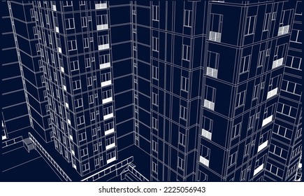 Architectural apartment building façade perspective 2d Line illustration vector eps10 blueprint