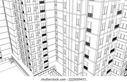 Architectural apartment building façade perspective 2d Line illustration vector eps10