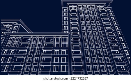 Architectural apartment building façade perspective 3D Line illustration vector eps10 blueprint