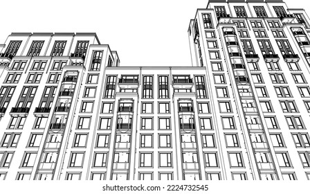 Architectural apartment building façade perspective 3D Line illustration vector