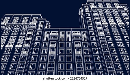 Architectural apartment building façade perspective 3D Line illustration vector blueprint