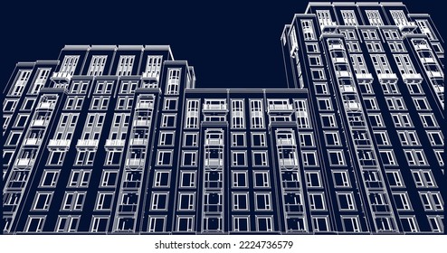 Architectural apartment building façade perspective 3D Line illustration vector eps10 blueprint