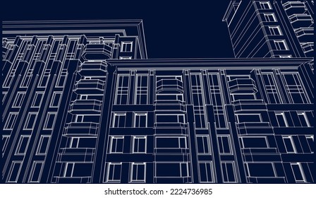 Architectural Apartment building perspective 3D Line illustration drawing vector blueprint