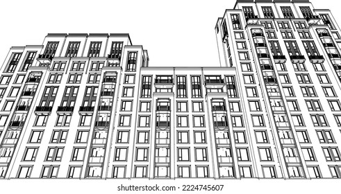 Architectural apartment building façade perspective 3D Line illustration vector eps10