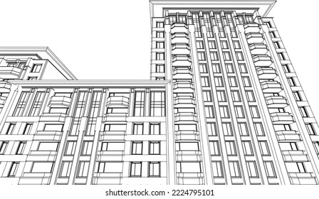 Architectural apartment building façade perspective 3D Line illustration vector eps10