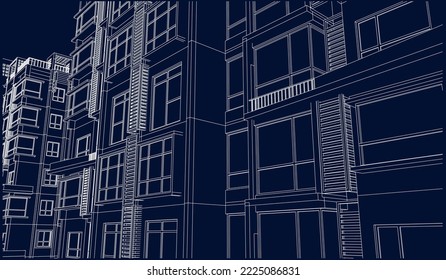 Architectural apartment building façade perspective 3D Line drawing sketch illustration vector blueprint