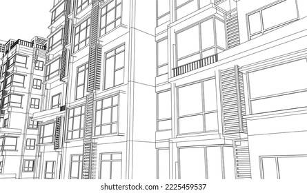 Architectural apartment building façade perspective 3D Line drawing sketch illustration vector