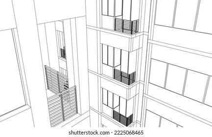 Architectural apartment building façade perspective closeup balcony 3D Line drawing illustration vector