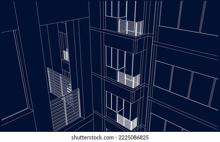 Architectural apartment building façade perspective closeup balcony 3D Line drawing illustration vector blueprint