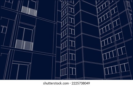 Architectural apartment building façade perspective from ground 3D Line drawing illustration blueprint