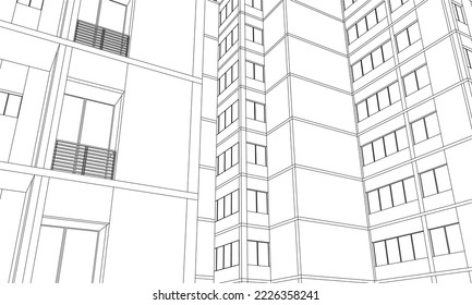 Architectural apartment building façade perspective from ground 3D Line drawing illustration 