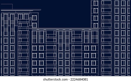 Architectural apartment façade Line drawing 2D illustration vector blueprint