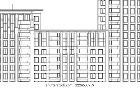 Architectural apartment façade Line drawing 2D illustration vector