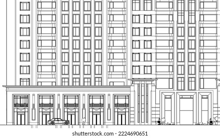 Architectural apartment façade Line drawing 2D illustration eps10