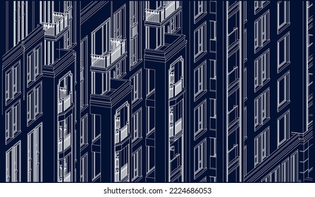 Architectural apartment façade Line drawing 3D illustration blueprint