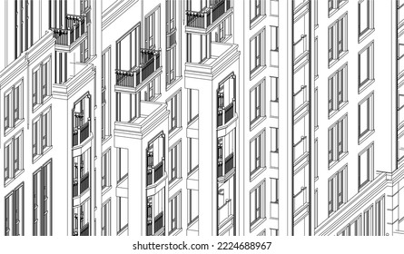 Architectural apartment façade Line drawing 3D illustration