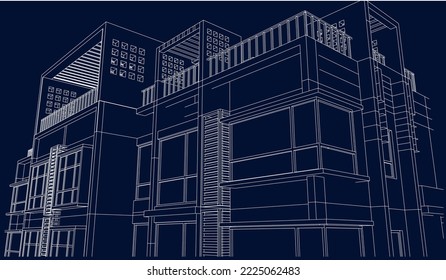 Architectural Apartment façade perspective 3D Line sketch illustration eps10 blueprint