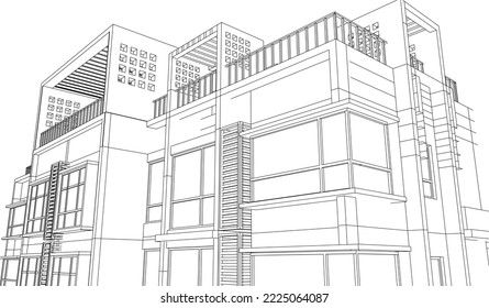 Architectural Apartment façade perspective 3D Line sketch illustration eps10