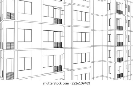 Architectural apartment façade perspective 3D sketch illustration Line drawing