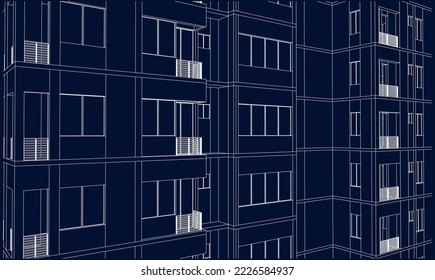 Architectural apartment façade perspective 3D sketch illustration Line drawing blueprint