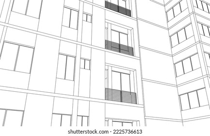 Architectural apartment façade perspective closeup 3D Line sketch illustration vector