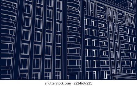 Architectural apartment perspective façade Line drawing 3D illustration blueprint