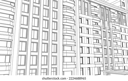 Architectural apartment perspective façade Line drawing 3D illustration