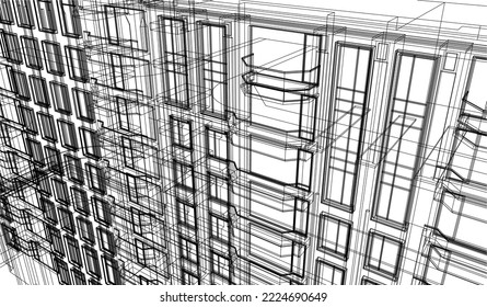 Architectural apartment perspective wireframe Line sketch 3D illustration