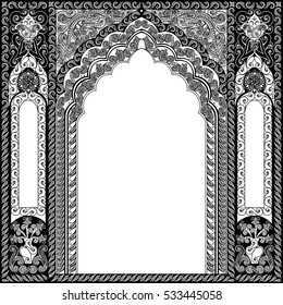 Architectural arch in Arabic Traditional Islamic Background. Mosque High detailed decoration element. Elegance Background with Text input area in a center.