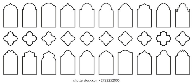 Marco de arco arquitectónico perfila la colección en negro. Conjunto de Formas decorativas de ventana y nicho en estilo lineal
