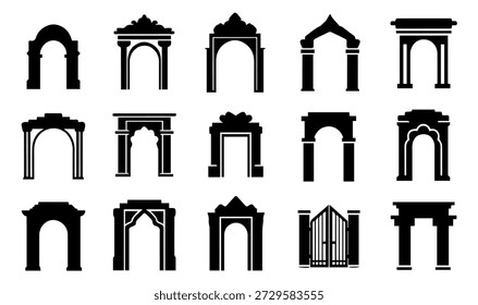 Architectural arch and gate silhouettes vector illustration set for classic building entrance design historical portal construction logo branding elements