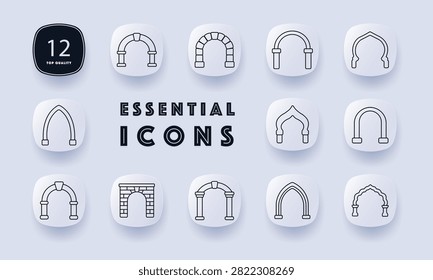 Architectural arch set icon. Stone gateway, brick portal, horseshoe curve, pointed frame, ornamental entrance, monument, heritage, landmark, masonry, Islamic architecture, medieval construction