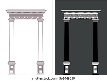 Architectural arches in the Grecian style isolated on white and grey backgrounds