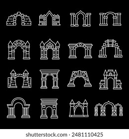 Arcos arquitectónicos, iconos de línea blanca. Iconos de arcos arquitectónicos y edificios antiguos. Ideal para la construcción y temas históricos. Símbolos sobre fondo negro. Trazo editable.