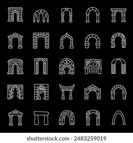 Architectural arches, white line icons. Arches made from various materials. construction and design themes. Symbols on black background. Editable stroke.