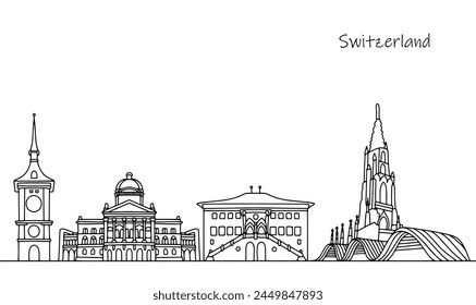 Architectural architecture and buildings in Switzerland. Cityscape of Bern. Places for excursions. Black and white line illustration.