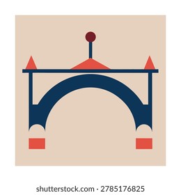 Architectural archway with decorative spire and geometric shapes on a light beige square background
