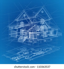Architectural background with a 3D building model. Vector clip-art