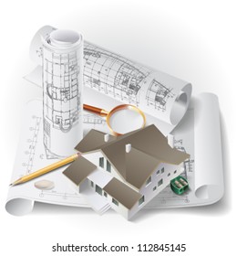 Architectural background with a 3D building model and rolls of technical drawings. Part of architectural project. Vector clip-art