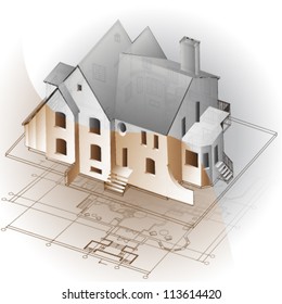 Architectural background with a 3D building model. Vector clip-art
