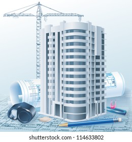 Architectural background with a 3D building model. Part of architectural project, architectural plan, technical project, drawing technical letters, architecture planning on paper, construction plan
