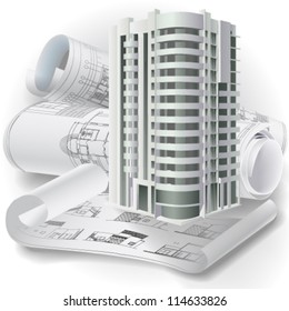 Architectural background with a 3D building model and rolls of technical drawings. Part of architectural project. Vector clip-art