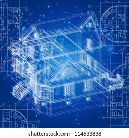 Architectural background with a 3D building model. Part of architectural project, architectural plan, technical project, drawing technical letters, architecture planning on paper, construction plan