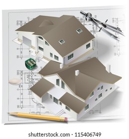 Architectural background with a 3D building model and rolls of technical drawings. Part of architectural project. Vector clip-art