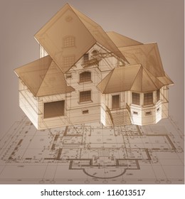 Architectural background with a 3D building model. Part of architectural project, architectural plan, technical project, drawing technical letters, architecture planning on paper, construction plan