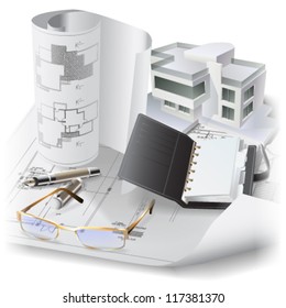 Architectural background with a 3D building model. Part of architectural project, architectural plan, technical project, drawing technical letters, architecture planning on paper, construction plan