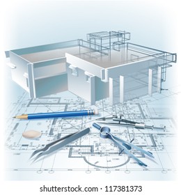 Architectural background with a 3D building model. Part of architectural project, architectural plan, technical project, drawing technical letters, architecture planning on paper, construction plan